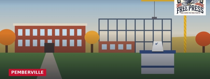 Fostoria News Illustration of Eastwood School with voting banner for new 5-12 school.